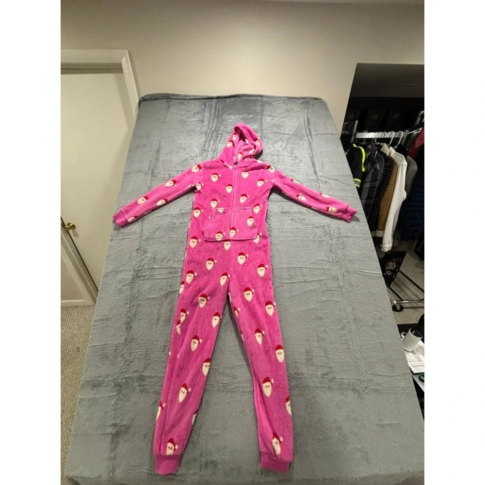 Forever 21 Kids Girls 9/10 Pink Santa Hooded One Piece‎ Pajamas Christmas Cozy